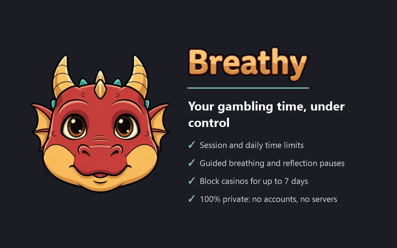 Breathy: The Chrome Web Store listing image: limits, guided breathing, casino blocking and full privacy.
